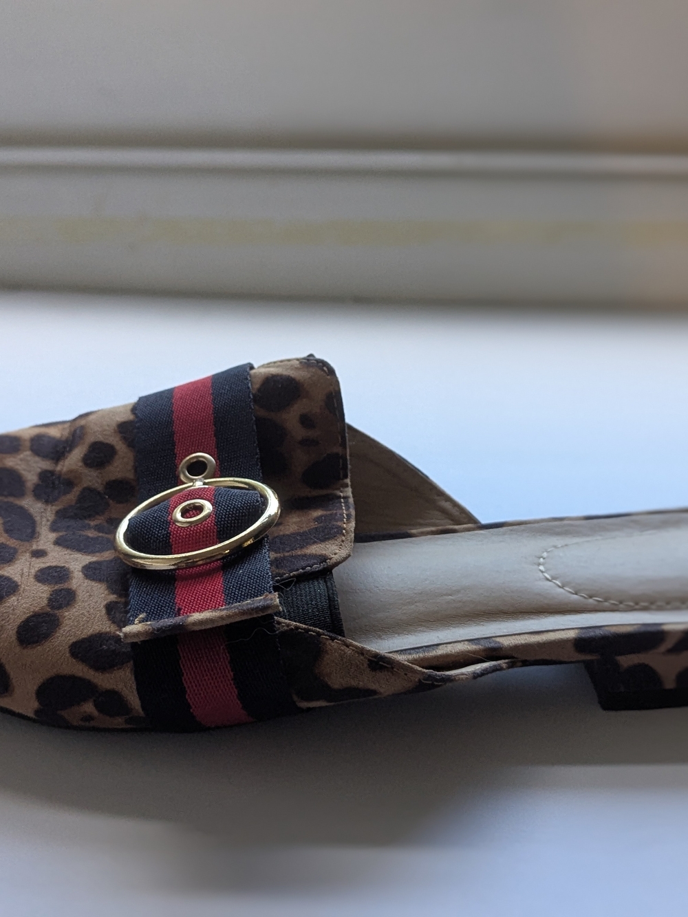 Leopard Print Pointed-Toe Slip-On Mules with Buckle Strap - Tan/Black/Red/Navy - Picture 4 of 5